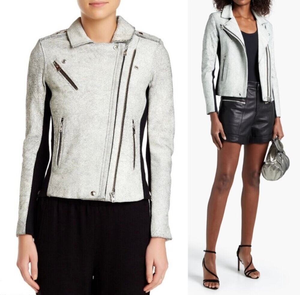 IRO Paris Ilaria White Cracked Leather Biker Moto Jacket 34 Size 2 Cream
